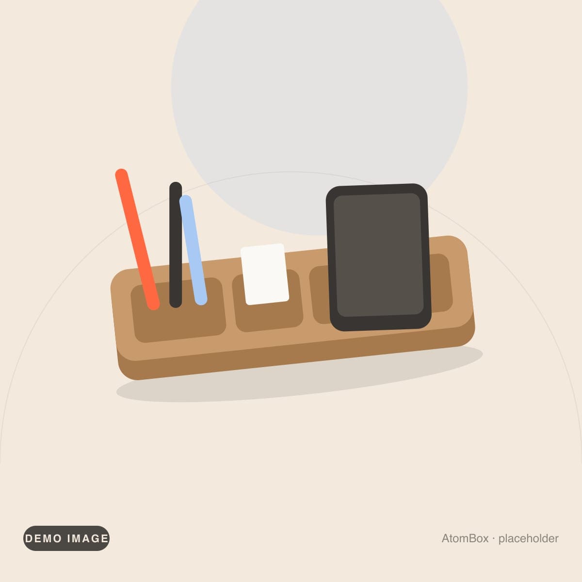 Demo illustration standing in for: Desk organizer seen from above with cards and a notebook