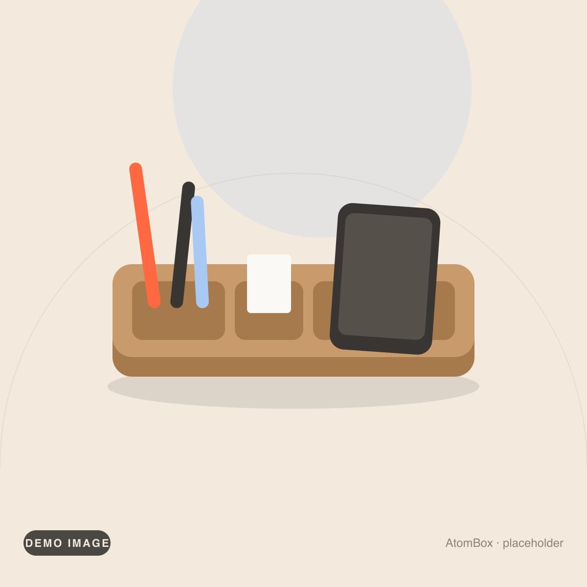 Demo illustration standing in for: Oak desk organizer holding pens and a phone on a pale desk